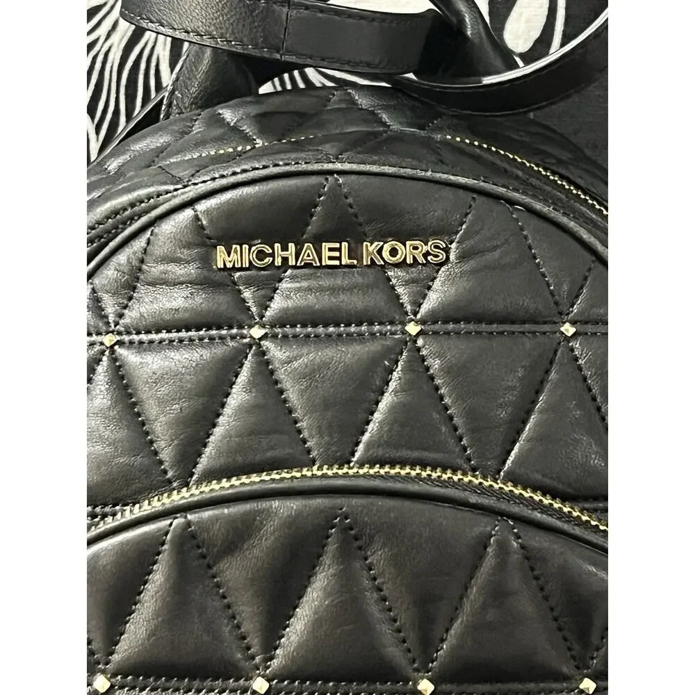 Michael Kors Abbey Medium Studded Leather Backpack Black Gold 35T8GAYB2L